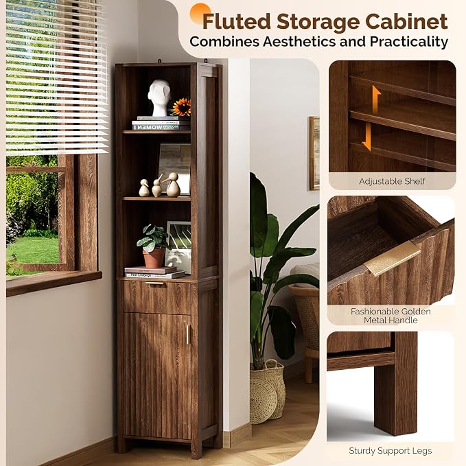 VINGLI 68" Tall Narrow Bathroom Storage Cabinet, Slim Freestanding Floor Cabinet with Fluted Door & Drawer, 12 Inch Deep Skinny Wood Organizer for Small Spaces, Kitchen & Living Room, Dark Walnut