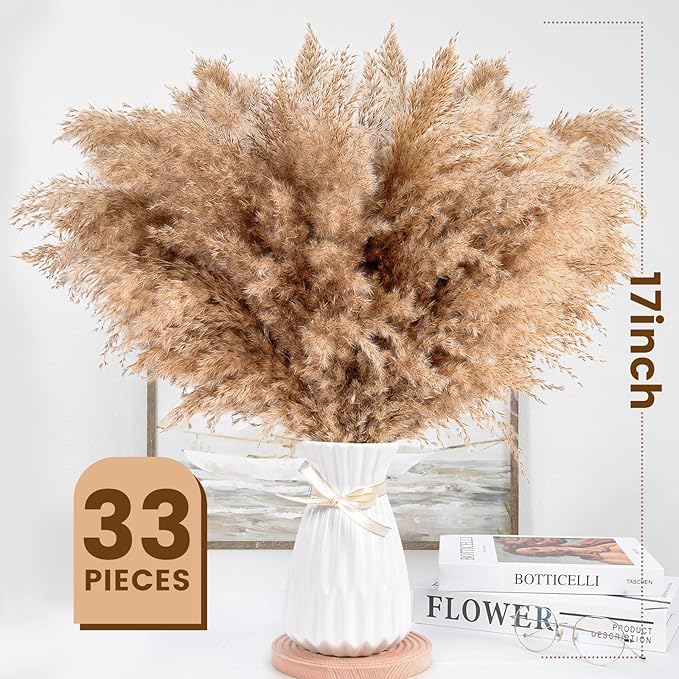 33pcs Pampas Grass Decor-Natural Dried Fluffy Brown Pompas Grass,Short Fluffy Pampas Grass Bulk for Small Boho vases,Wedding Flower,Boho Home Decor,Living Room Table Decor(17inch)