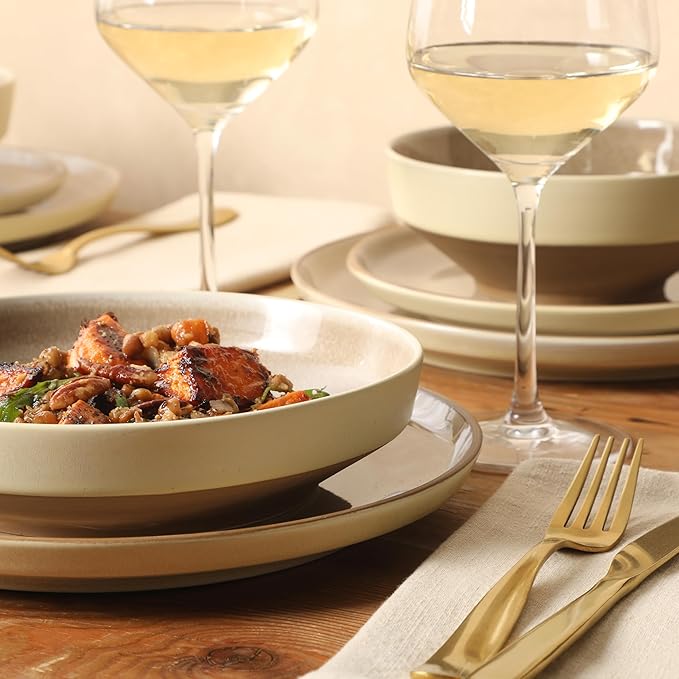 Gibson Elite Octavia Place 16 Piece Stoneware Dinnerware Set, Service for 4, Coupe Modern Plates & Bowls, Reactive Glaze Finish, Taupe, Microwave & Dishwasher Safe