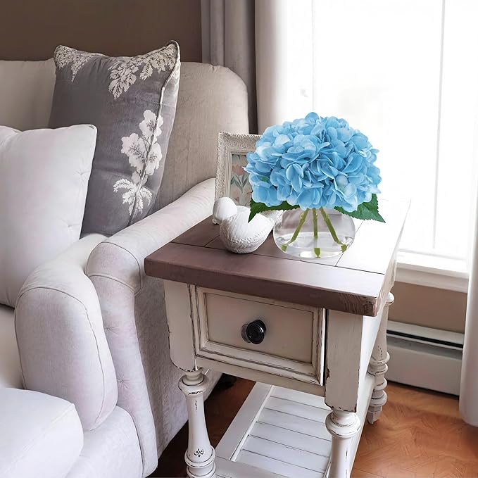 Big Petals Hydrangea Artificial Flowers in Vase, Blue Silk Fake Flowers Silk Centerpiece Table Decorations for Dining Room,Coffee Table Decor,Wedding, Home with Faux Water decorr (Sea Blue)