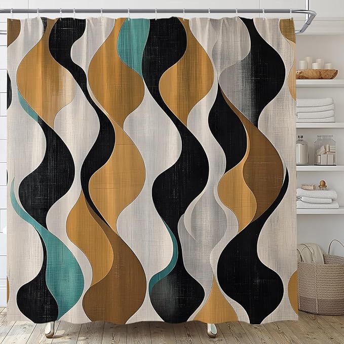 Mid Century Shower Curtain Boho Minimalist Modern Abstract Aesthetic Geometric Striped Atomic Retro Earthy Fabric Bathroom Decor Set with Hooks(108" Wx70 H)