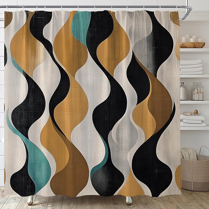 Mid Century Shower Curtain Boho Minimalist Modern Abstract Aesthetic Geometric Striped Atomic Retro Earthy Fabric Bathroom Decor Set with Hooks(70" Wx78 H)