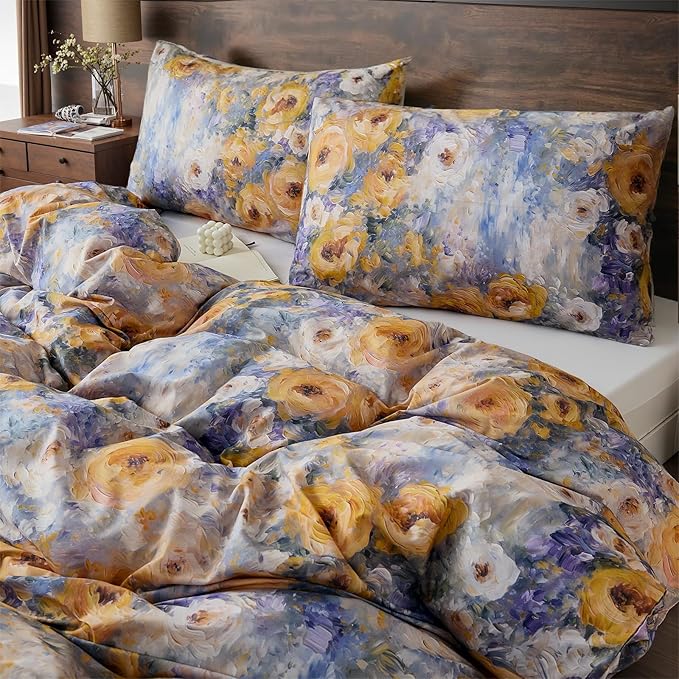 100% Cotton Duvet Cover King Size – Impressionist Natural Yellow & Blue Floral Duvet Cover Set with Zipper Closure, 3-Piece Soft Breathable Durable Percale Cotton Bedding Set for All Seasons