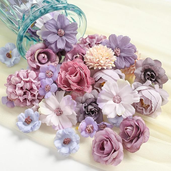 Faux Flower Heads Mini Purple Artificial Flower Heads Fake Peony Daisy Rose Flowers Multicolor Small Silk Daisy Flower Heads for Craft Garland Wedding Party DIY Home Decoration,2-4 cm