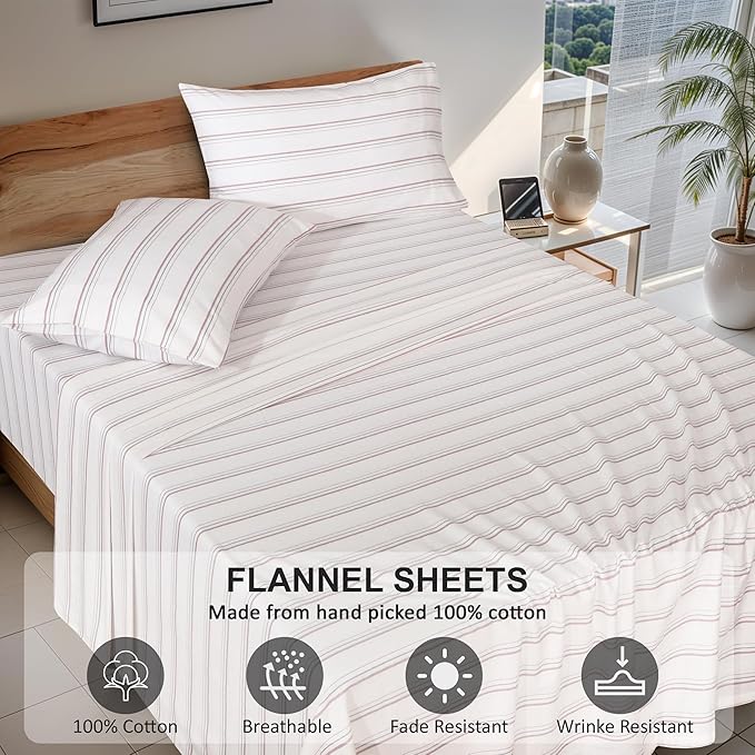 RUVANTI Flannel Sheets Full Size - 100% Cotton Double Brushed Bed Sheets Set, Deep Pockets 16 Inches, All Seasons Breathable & Extra Soft Full Sheets, Warm & Cozy, 4 Piece, Twill Stripe