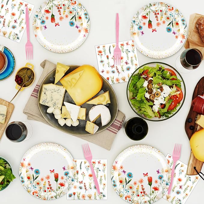 96 PCS Spring Wildflower Party Tableware Supplies, Disposable Floral Paper Plates Napkins Set for Picnic Baby Shower Birthday Wedding Thanksgiving Christmas Tea Party Decor Suppies, 24 Guests