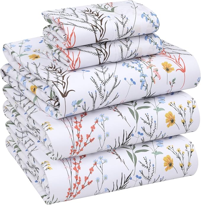 RUVANTI 100% Cotton Split King Sheets Sets for Adjustable Bed, 5 PCs, Soft & Breathable Percale Weave Bedding, Deep Pocket 16", Hotel Standard, Crisp Cool Feel & Durable, Floral Sheet, Aroma