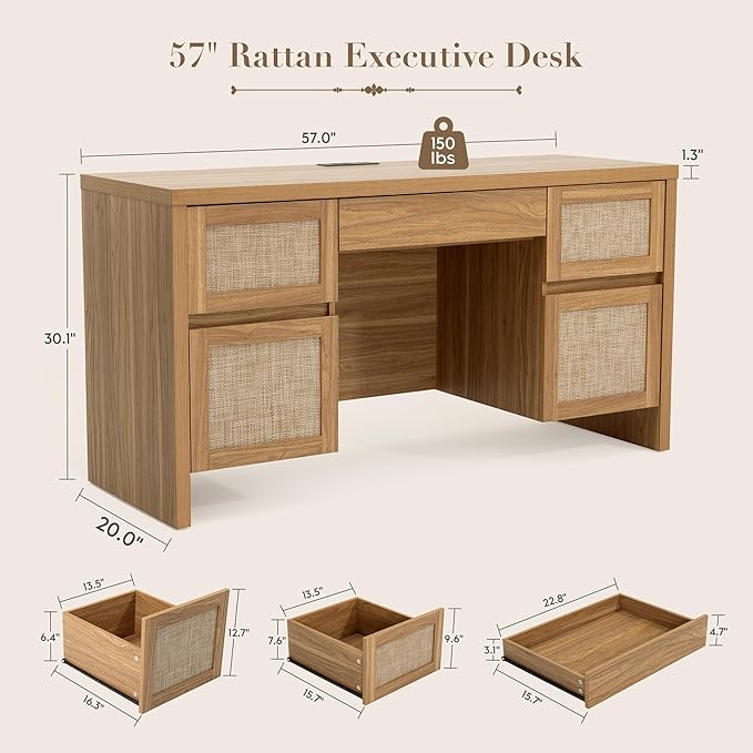 Yechen Executive Desk with 5 Drawers, 57" Modern Rattan Home Office Desk with Charging Station, File Drawer, Farmhouse Boho Computer Writing Desk for Study, Work, Oak