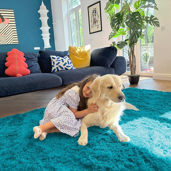 OLANLY 2x8 Machine Washable Runner Rugs for Hallway, Soft Fluffy Shaggy Bedside Rugs for Bedroom, Living Room, Indoor Floor Carpet for Kids Girls and Boys, Nursery Rooms, Home Decor Aesthetic, Teal