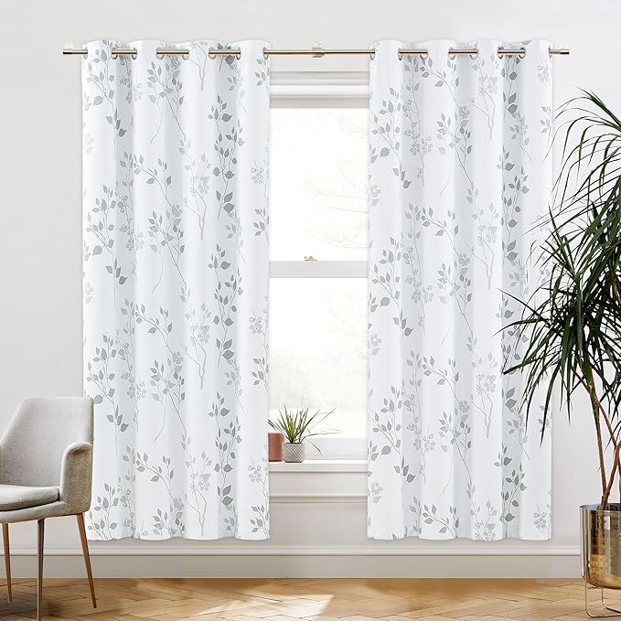 Beauoop Floral 100% Blackout Curtains 72 Inches Long 2 Panels for Bedroom Living Room Grey White Flower Patterned Room Darkening Thermal Insulated Soundproof Grommet Window Treatments Drapes, 52X72
