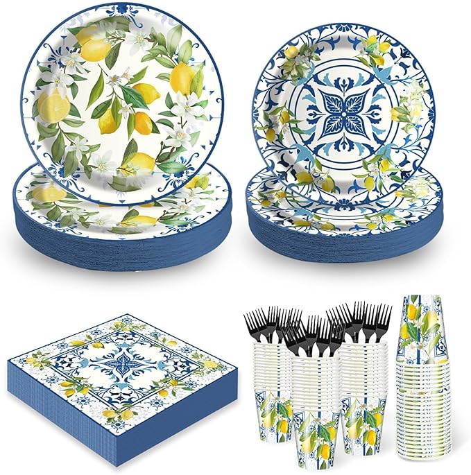 Amalfi Coast Plates and Napkins for Birthday Decorations Kit, Capri Lemon Tableware Supplies for Lemon Theme Summer Decor, Service 24 Guests