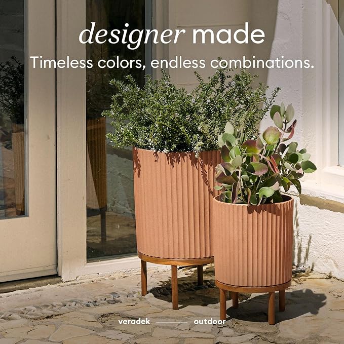 Veradek Demi Series Round Planter w/Stand for Porch/Patio | Durable Plastic-Stone Composite & Wooden Stand | Modern Décor for Tall Plants, Flowers