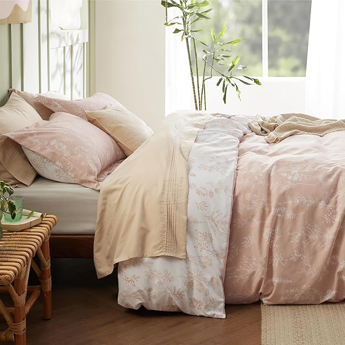 Bedsure Duvet Cover Queen Size - Reversible Pink Queen Duvet Cover Set with Zipper Closure, 3 Pieces Cute Floral Patterned Bedding Set with 8 Corner Ties and 2 Pillow Shams