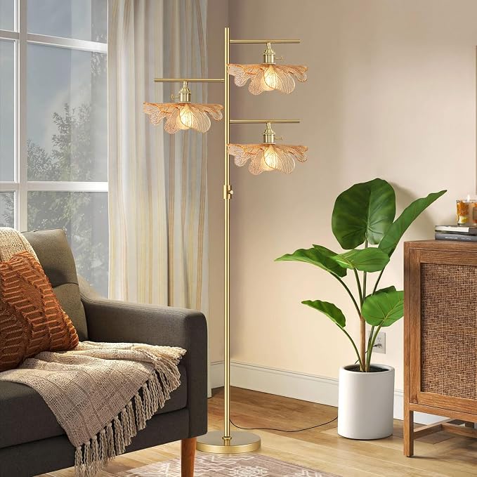 Vintage Floor lamp Dimmable Standing Lamps for Living Room, Modern Tall Floor lamp Gold Floor Lamps 65" Farmhouse Floor Lamps Amber Glass Tall lamp for Corner Bedroom Study Office Home
