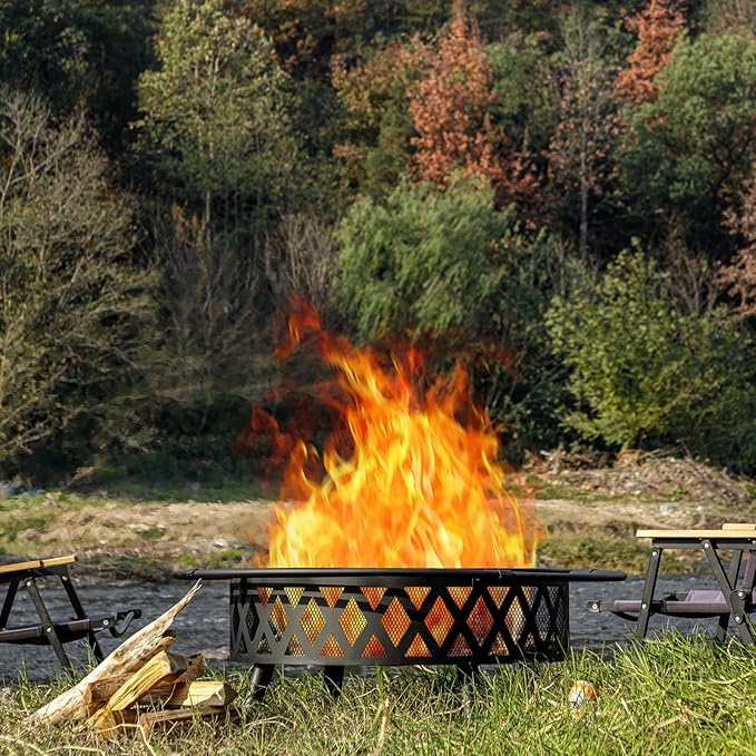 EcoNook 42 Inch Wood Burning Fire Pit with 2 Loops, Outdoor Fire Pit with Spark Screen & Fire Poker, Cross Weave Firepit for Outside Fireplace Bonfire for Yard,Patio, Garden