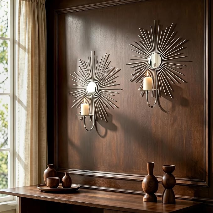 2 Set Candle Sconces Wall Decor for Living Room Metal Sunburst Mirrored Modern Gold Wall-Mounted Candle Holder Sconces Hanging Mounted Fireplace Farmhouse Wedding