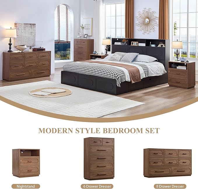 Walnut Nightstand with Charging Station, Modern End Table with 2 Drawers Storage, Space-Saving Wood Storage Cabinet with Unique Base Design, Bedside Table for Bedroom, Living Room