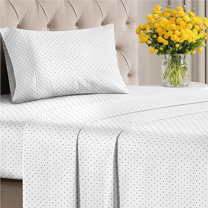 Blue Polka Dots Bed Sheet Set – 1 Flat & 1 Fitted Sheet & 1 Pillowcase w/ Deep Pockets – Polka Dot Bedding - Wrinkle & Fade Resistant - Soft, Breathable & Cooling - Comfy, Luxury Bed Set - Twin XLSize