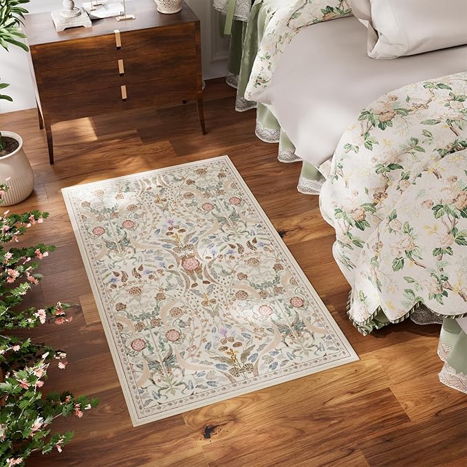 AMTOVO 2x3 Washable Entryway Area Rug Door Mat, Vintage Boho Floral Distressed Print Non-Slip Carpet, Small Throw Rug for Indoor Entrance Kitchen Bedroom Bathroom Laundry Floor, Beige