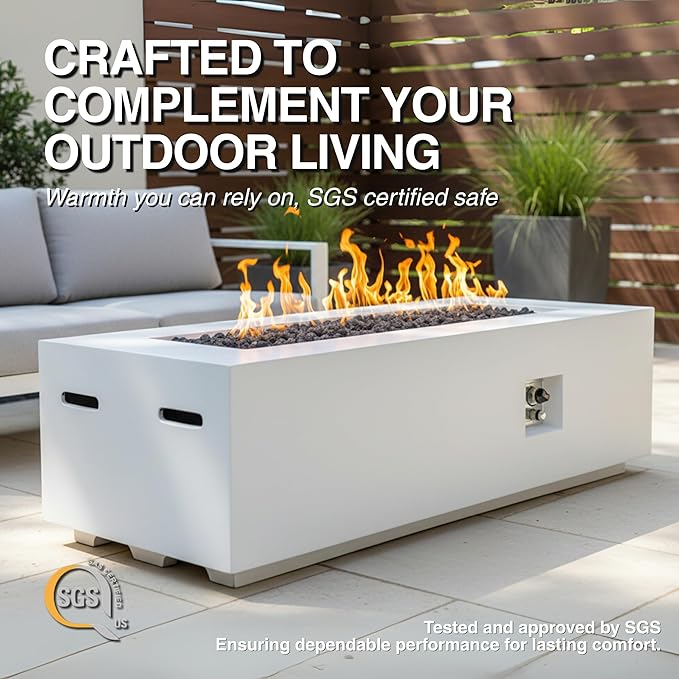 HillAethel 60-Inch Rectangular Outdoor Gas Propane Fire Pit Table,60,000 BTU Light Concrete Fire Table with Waterproof Cover, Tank Seat,Free Lava Rocks, for Outside Patio Backyard,White