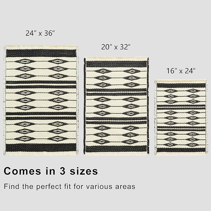 Douceur Boho Bath mat for Bathroom Floor Non Slip, Acrylic Blend Cute Bath Rugs with Tassels, Farmhouse Bathroom Rugs with Geometric Tribal Ethnic Pattern Design in Black and Cream White, 20" x 32"