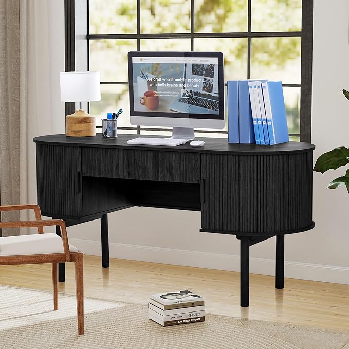 Home Office Oval Desk with Sliding Tambour Door and Drawer, Modern Fluted Wood Executive Computer Storage Desk for Study, Living Room, Bedroom, Office - Black