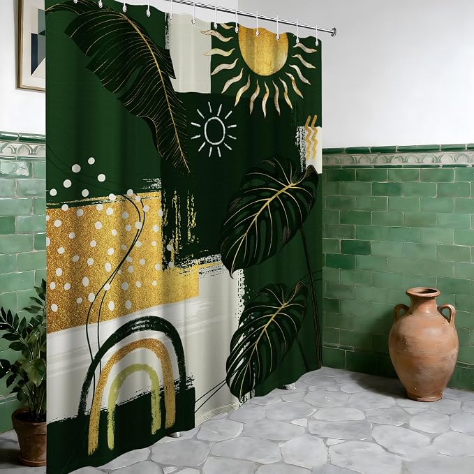 Extra Long Shower Curtain 96 Inchs Extra Tall Green and Gold XL Abstract Leaf Shower Curtains for Large Bathroom Decor Sets, Waterproof Cloth Fabric with Hooks, 70 x 96 Inch
