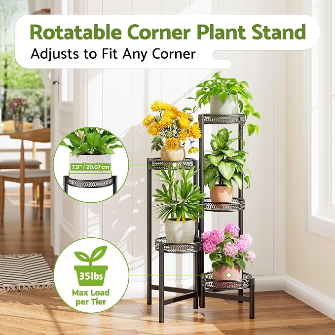 Plant Stand Indoor Outdoor, 5 Tier Corner Metal Flower Display Holder Stand, Folding Tall Plant Rack for Patio Balcony Porch Garden Living Room House, Heavy Duty Wrought Iron Plant Shelf - BlackFlower