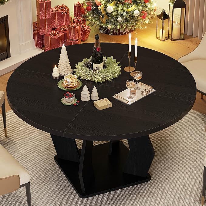 IBF Black Round Dining Table for 4-6, 47 Inch Kitchen Table with Spacious Tabletop Modern Circle Dining Table, Wood Dinner Table Pedestal Base for Dining Room, Kitchen,Living Room,Office