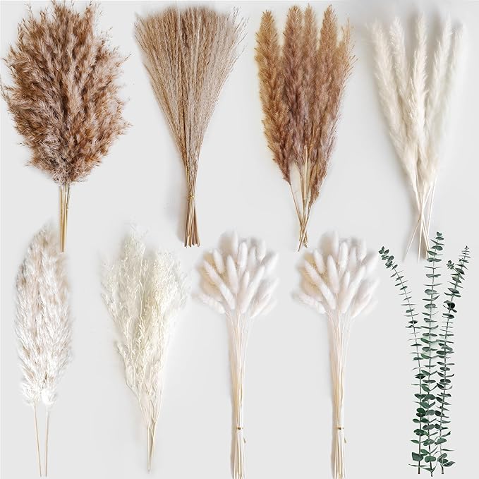 Dried Flower Bouquet - Pampas Grass, Bunny Tails, Olive Green Eucalyptus & Preserved Flowers - Boho Chic Home Decor, Rustic Wedding Centerpiece, Farmhouse Style Arrangement, Long-Lasting Gift