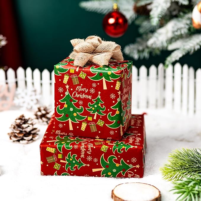 Yarcony Red Christmas Wrapping Paper, Thick Kraft Wrapping Paper, Vintage Traditional Red and Green Christmas Tree Pattern Brown Holiday Gift Wrap for Present Packaging (Mini Roll, 17 Inch X 33 Feet)
