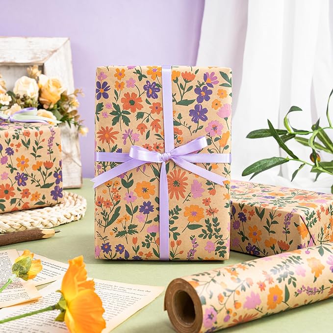 WRAPAHOLIC Kraft Floral Wrapping Paper Roll - Mini Roll - 17 Inch x 16.5 Feet - Vintage Flower Wrapping Paper, Perfect for Wedding, Birthday, Bridal Shower, Tea Party