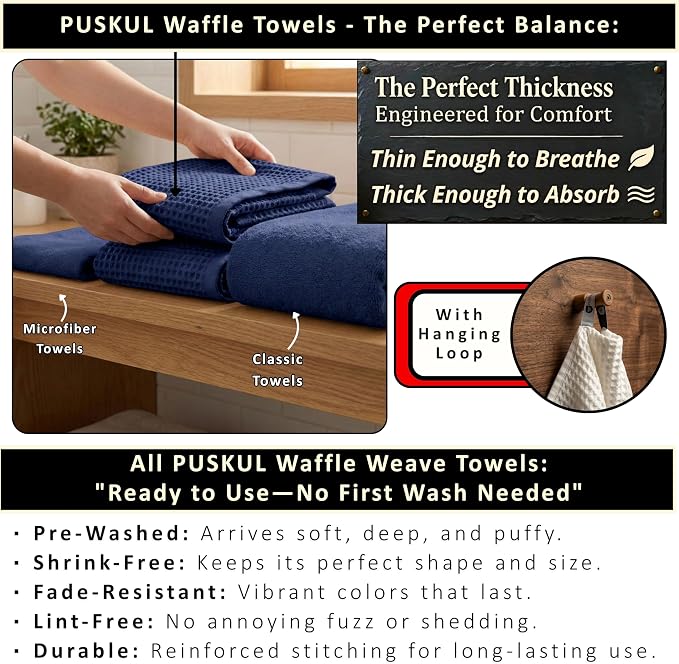 PÜSKÜL 4-Piece Natural 100% Turkish Cotton Luxury Waffle Towels for Bathroom | Premium Honeycomb Weave 2 Hand Towel & 2 Bath Towel Set | Soft Absorbent Quick-Dry Lightweight Towels (Navy Blue)
