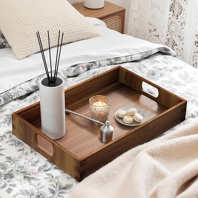 Acacia Serving Trays - 2 Pack, Acacia Wood Serving Platterss, Wood Serving Tray, Decorative Trays for Breakfast, Brunch, Dinner, Coffee Table, Party, Kitchen-M