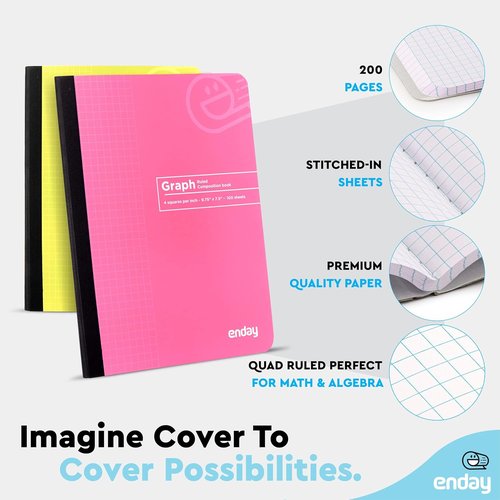 Enday Graph Paper Composition Notebook - Premium Quad Ruled, 4 Squares Per Inch | 100 Sheets, Pink & Yellow (2 Pack)