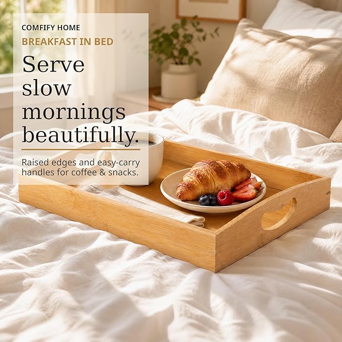Comfify Bamboo Serving Trays – Set of 3 Ottoman Trays for Food, Entertaining, and Decor – Minimalist Design