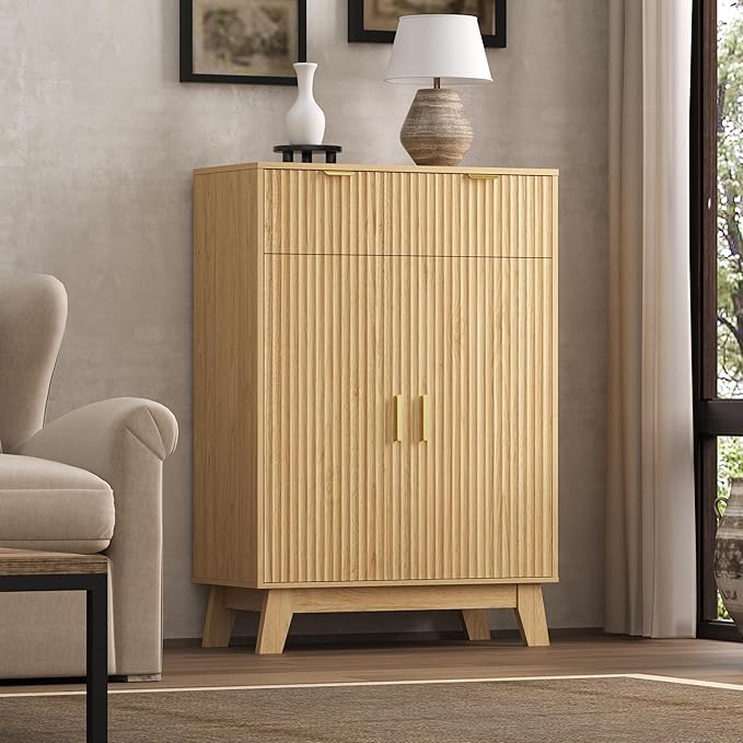 BOXACTION Fluted Shoe Cabinet, 4-Tier Mid Century Modern Narrow Shoe Storage Cabinet with Doors & 2 Drawers, Adjustable Shelves, Freestanding Hidden Shoe Rack Organizer & Wooden Legs for Entryway
