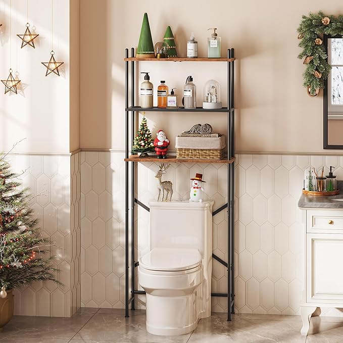 HOOBRO Over the Toilet Storage, 3-Tier Over Toilet Bathroom Organizer, Freestanding Above Toilet Shelf with Adjustable Feet, Space Saving, Easy Assembly, Rustic Brown and Black BF63TS01