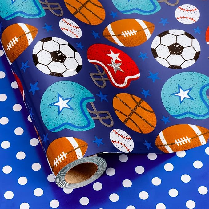 Homeral Football Reversible Wrapping Paper Roll - Mini Roll -17 Inch x 16.5 Feet, Sport Theme Gift Wrap for Boys Birthday, holiday, Game Lovers