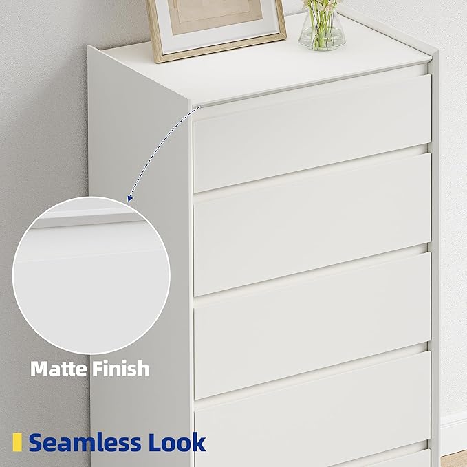 White Dresser for Bedroom, 46" Tall Chest of Drawers, Simply Modern 5 Drawer Storage Organizer for Closet, Hallway, or Small Apartment