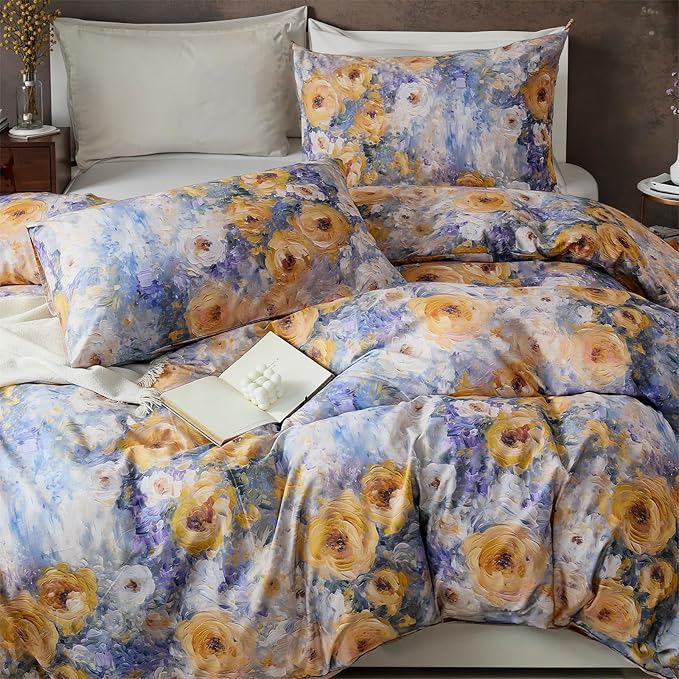 100% Cotton Duvet Cover Queen Size – Impressionist Natural Yellow & Blue Floral Duvet Cover Set with Zipper Closure, 3-Piece Soft Breathable Durable Percale Cotton Bedding Set for All Seasons