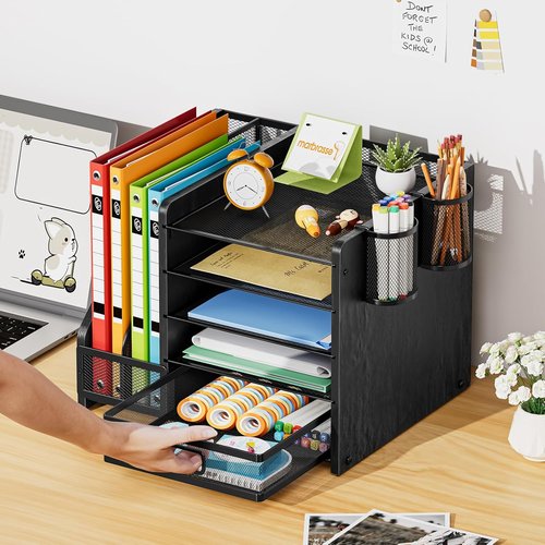 Marbrasse Desk Organizer - 5-Tier Paper Tray with Drawer & 2 Pen Holders | Mesh Storage for Office Supplies - Wood Black