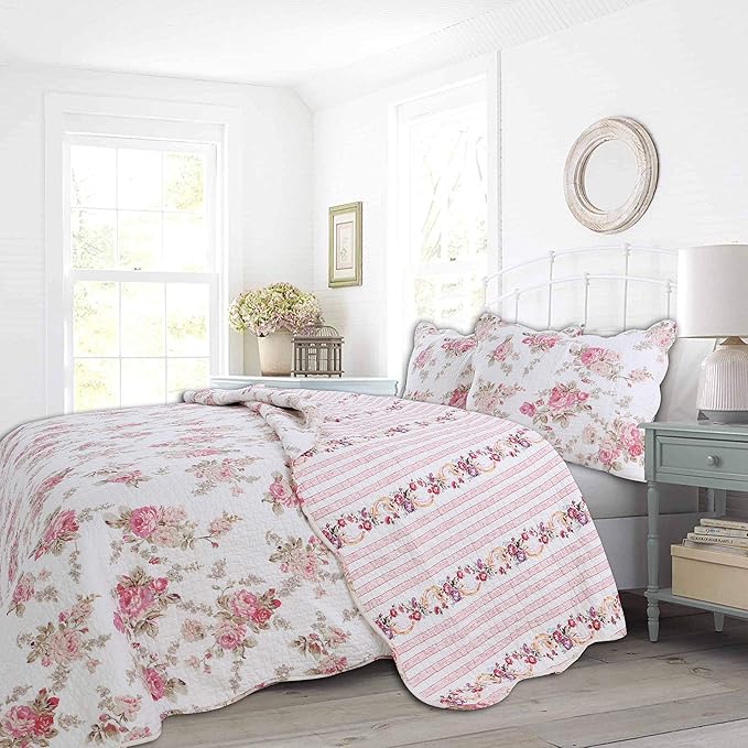 Cozy Line Home Fashions Romantic Pink Peony Floral 100% Cotton Reversible Quilt Bedding Set, Coverlet, Bedspread (Pink Peony, King - 3 Piece)