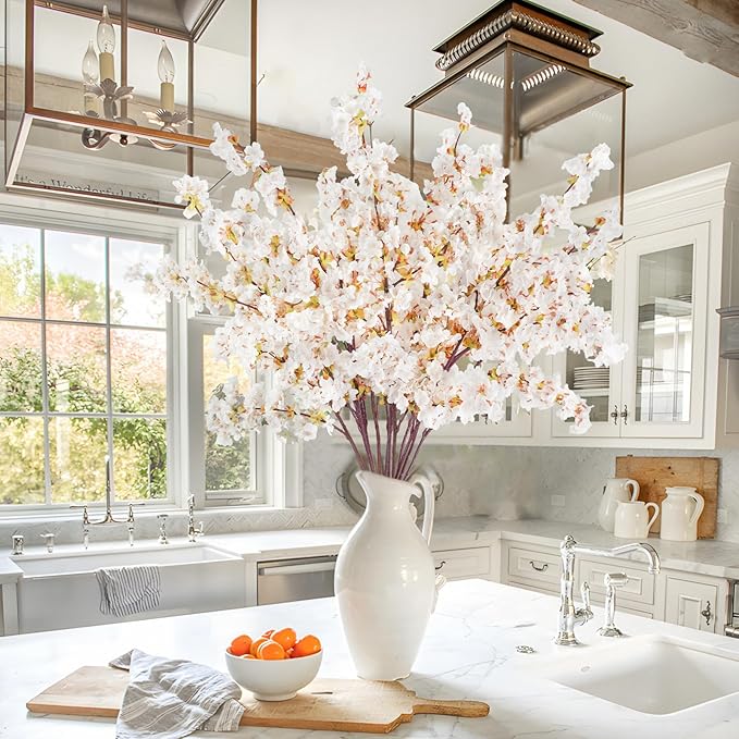 12 Pcs Artificial Cherry Blossom Flowers 40" Faux Silk Cherry Blossom Stems Fake Real Touch Peach Branches for Wedding Home Garden Japanese Decor Ivory White