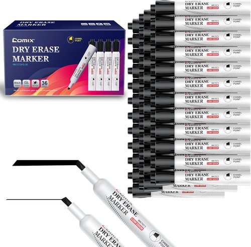 Comix Low Odor Dry Erase Markers - Bulk Black Chisel Tip Markers for Classroom & Office | 36 Pack
