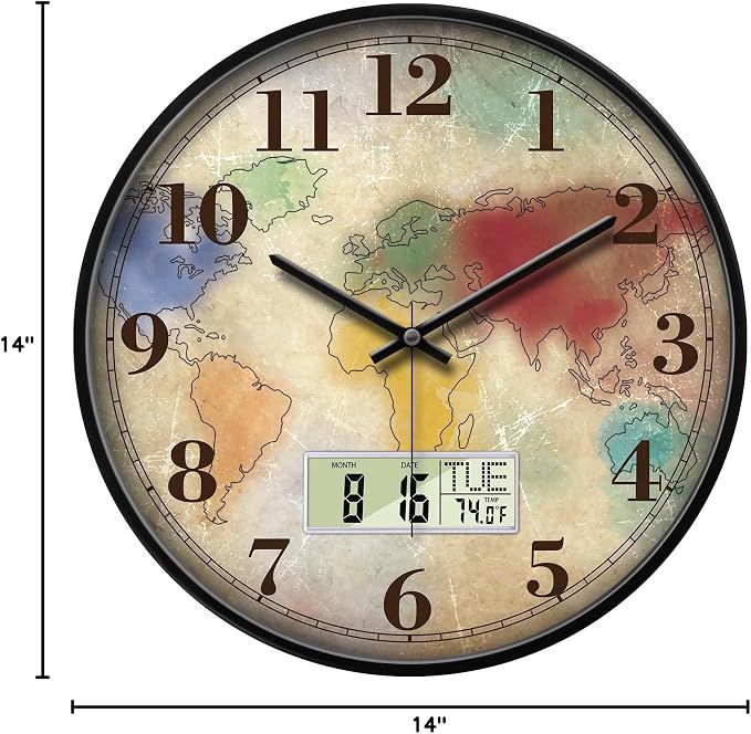 Vintage World Map Wall Clock, 14 Inch Silent Non-Ticking Battery Operated Analog Clock with LCD Date Day Temp Display, Decorative for Living Room, Bedroom, Kitchen, Study, Dining Room