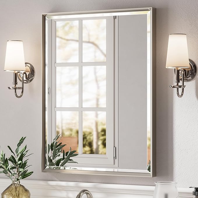 Brushed Nickel Bathroom Mirror, 24x32 Inch Beveled Framed Bathroom Mirror Anti-Rust, Brushed Nickel Metal Frame Bathroom Vanity Mirror for Wall, Vertical/Horizontal Wall-Mounted Mirrors