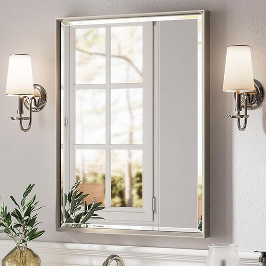 Brushed Nickel Bathroom Mirror, 24x32 Inch Beveled Framed Bathroom Mirror Anti-Rust, Brushed Nickel Metal Frame Bathroom Vanity Mirror for Wall, Vertical/Horizontal Wall-Mounted Mirrors