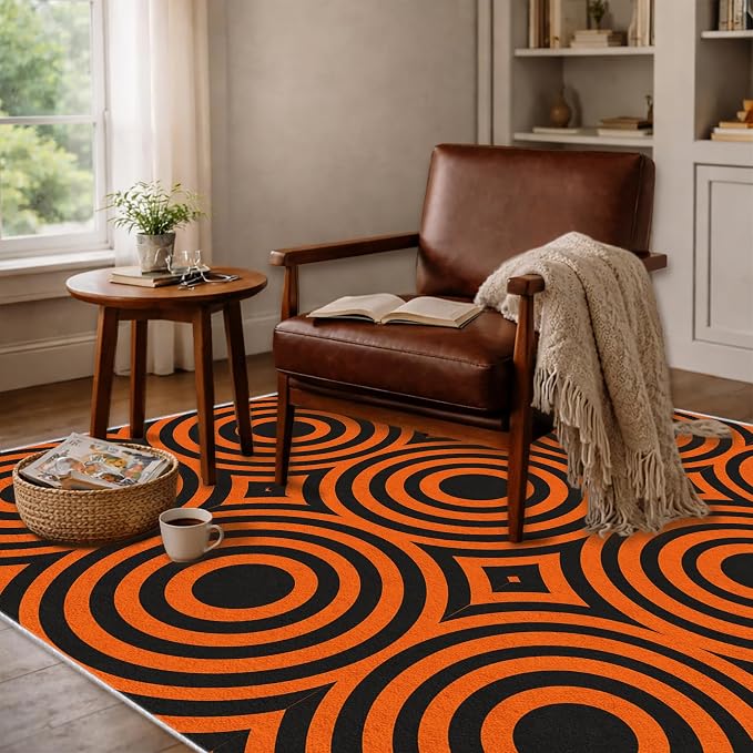 Retro Rings Area Rug 5x7, Optical Geometric Circle Rug, Bold Retro Pattern Carpet for Living Room Bedroom, Non Slip Soft Area Rug