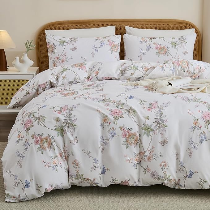 100% Cotton Duvet Cover King Size – Elegant French Romantic Floral Duvet Cover Set with Zipper Closure, 3-Piece Soft Breathable Durable Percale Cotton Bedding Set for All Seasons